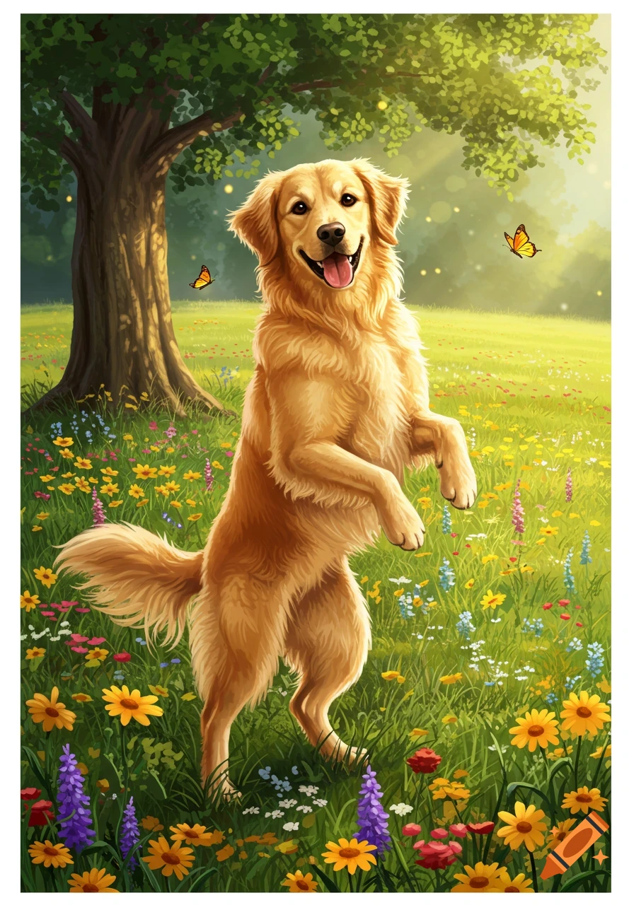 A happy golden retriever illustration stands on hind legs in a sunny field of colorful wildflowers with butterflies and a tree.
