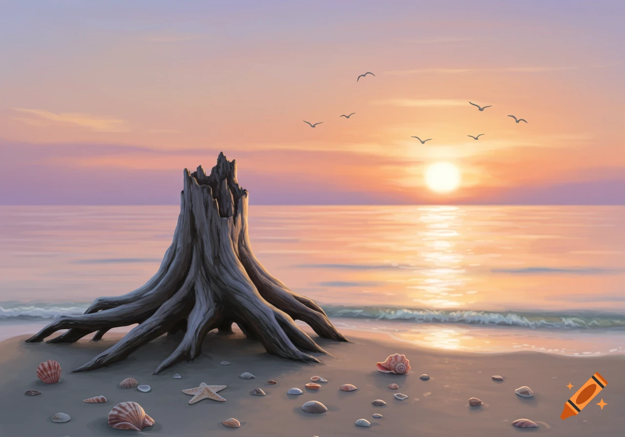 Pastel-colored painting of a tree stump and seashells on a sandy beach at sunset, with birds flying.