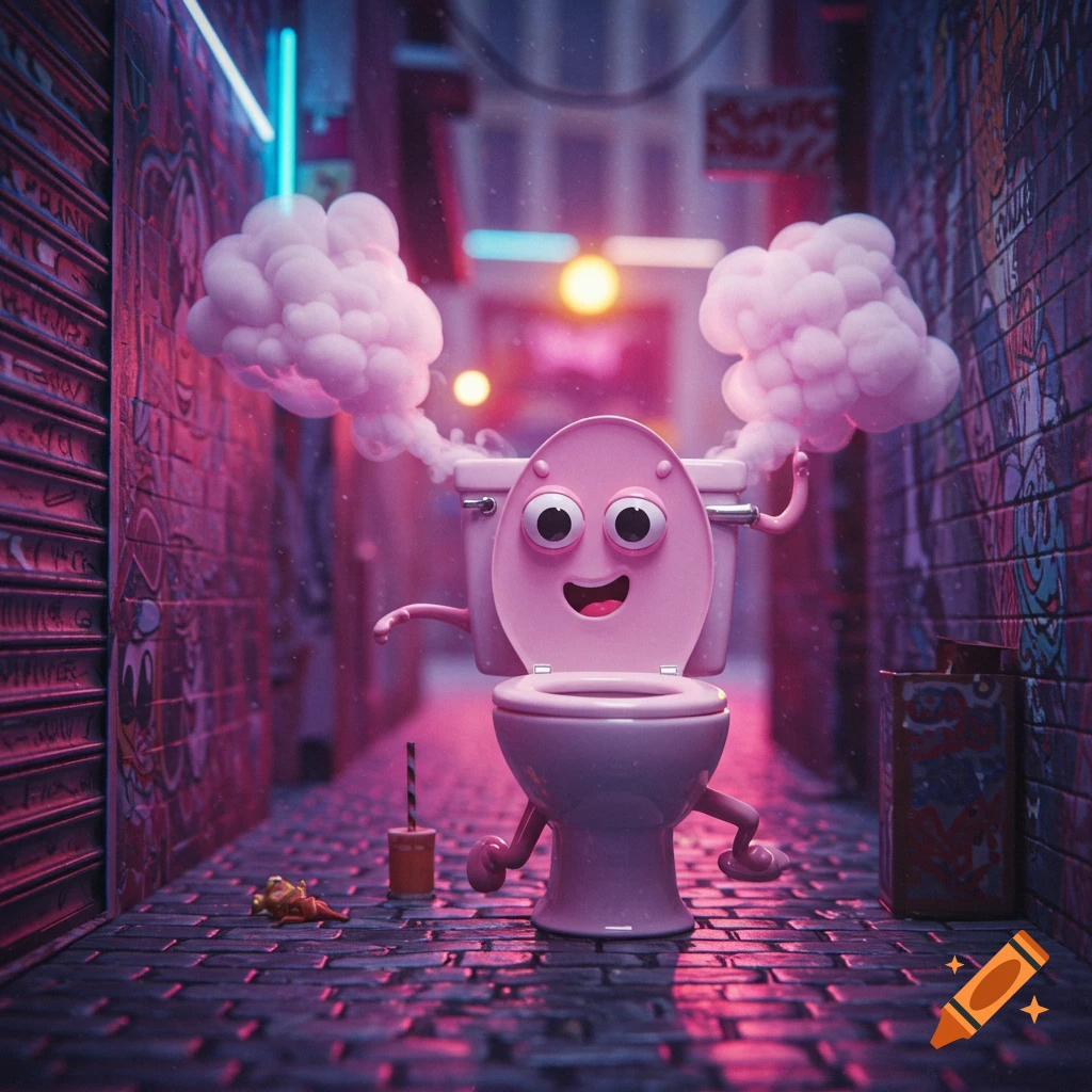 A happy pink cartoon toilet character with googly eyes, arms, and legs stands in a neon-lit, graffiti-covered alley, emitting pink smoke.