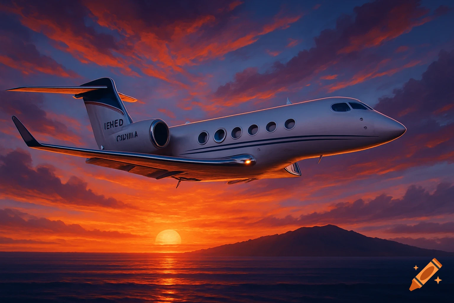 A white private jet flies over a calm ocean with a sun setting on the horizon, casting orange and red light across the sky.