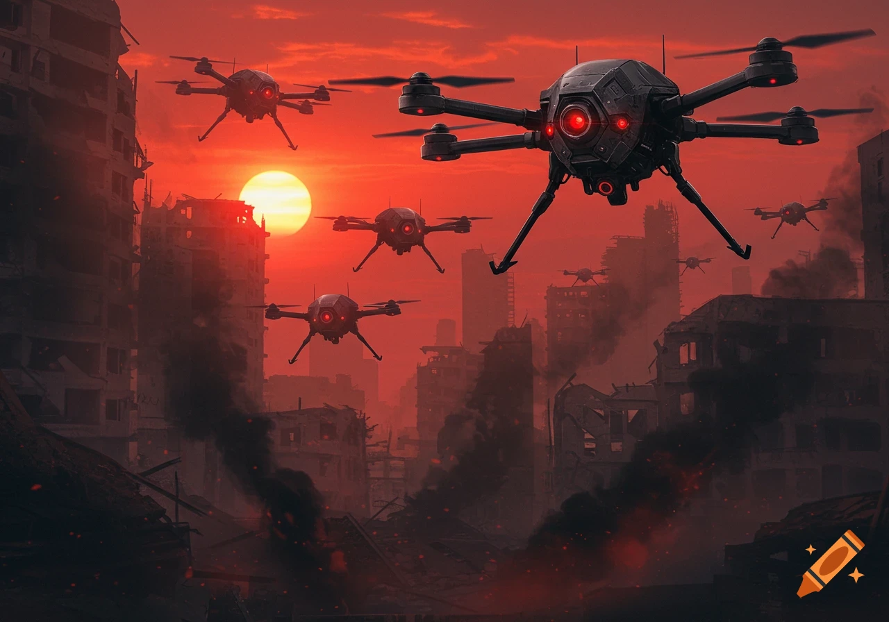 A swarm of futuristic, dark grey drones with glowing red eyes fly over a destroyed city under a fiery red and orange sky with smoke.