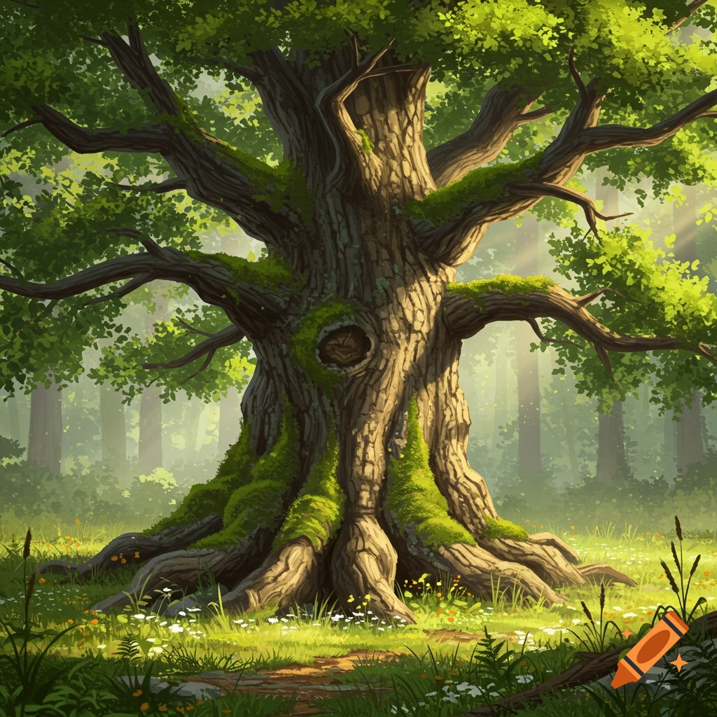 A large, ancient, moss-covered tree with exposed roots stands in a sunny forest clearing, depicted in a stylized illustration.