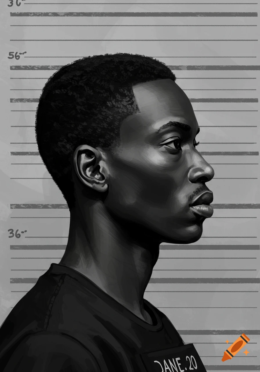 A stylized black and white illustration of a young Black man's profile against a mugshot height chart, looking straight ahead.