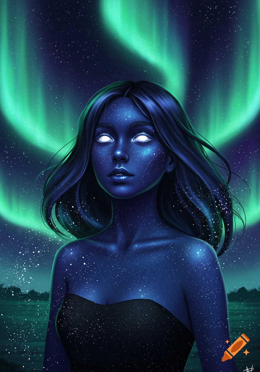 A woman with glowing white eyes and skin covered in stars, wearing a dark top, against a vibrant green aurora borealis night sky.