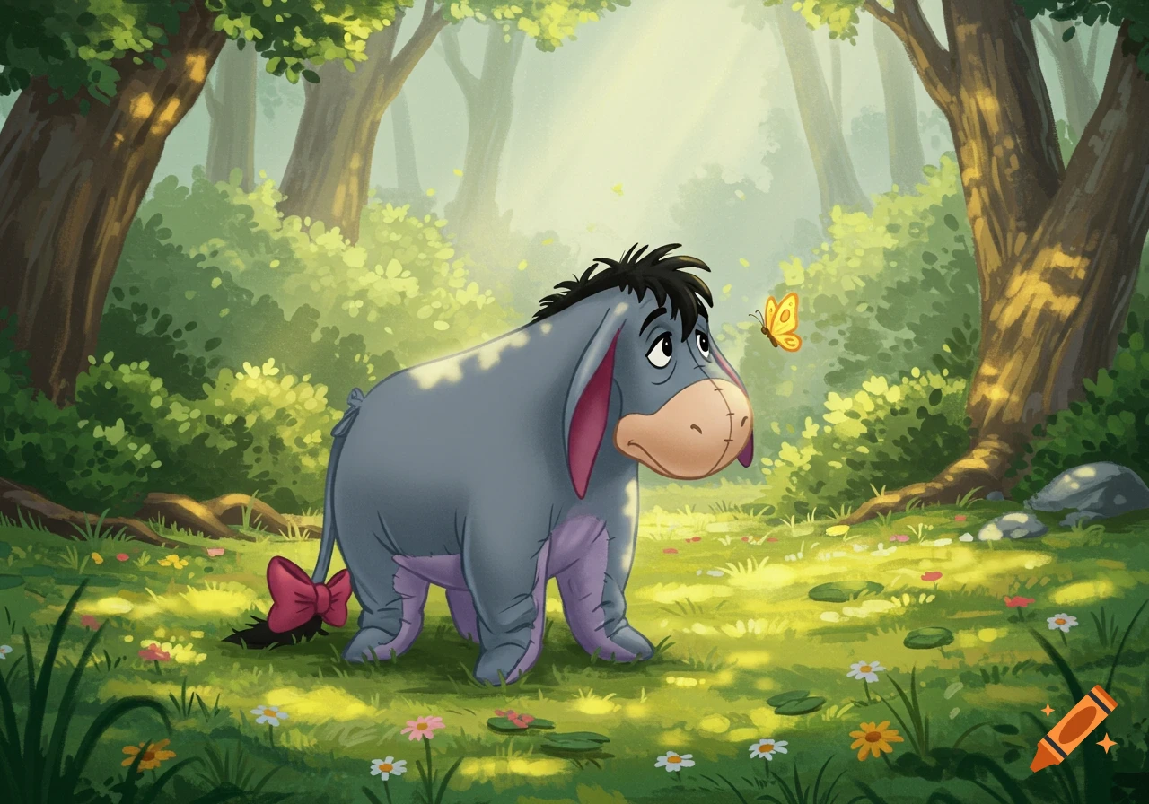 Eeyore stands in a sunlit green forest with a red bow on his tail, looking sadly at a yellow butterfly in a cartoon style.