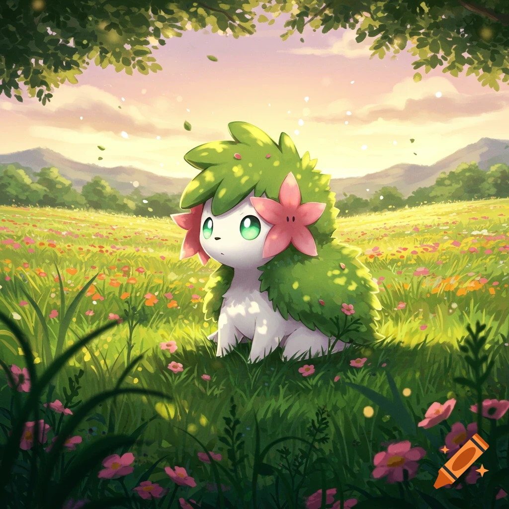 A cute, plant-like creature with green foliage and pink flowers sits in a sunlit field of wildflowers.