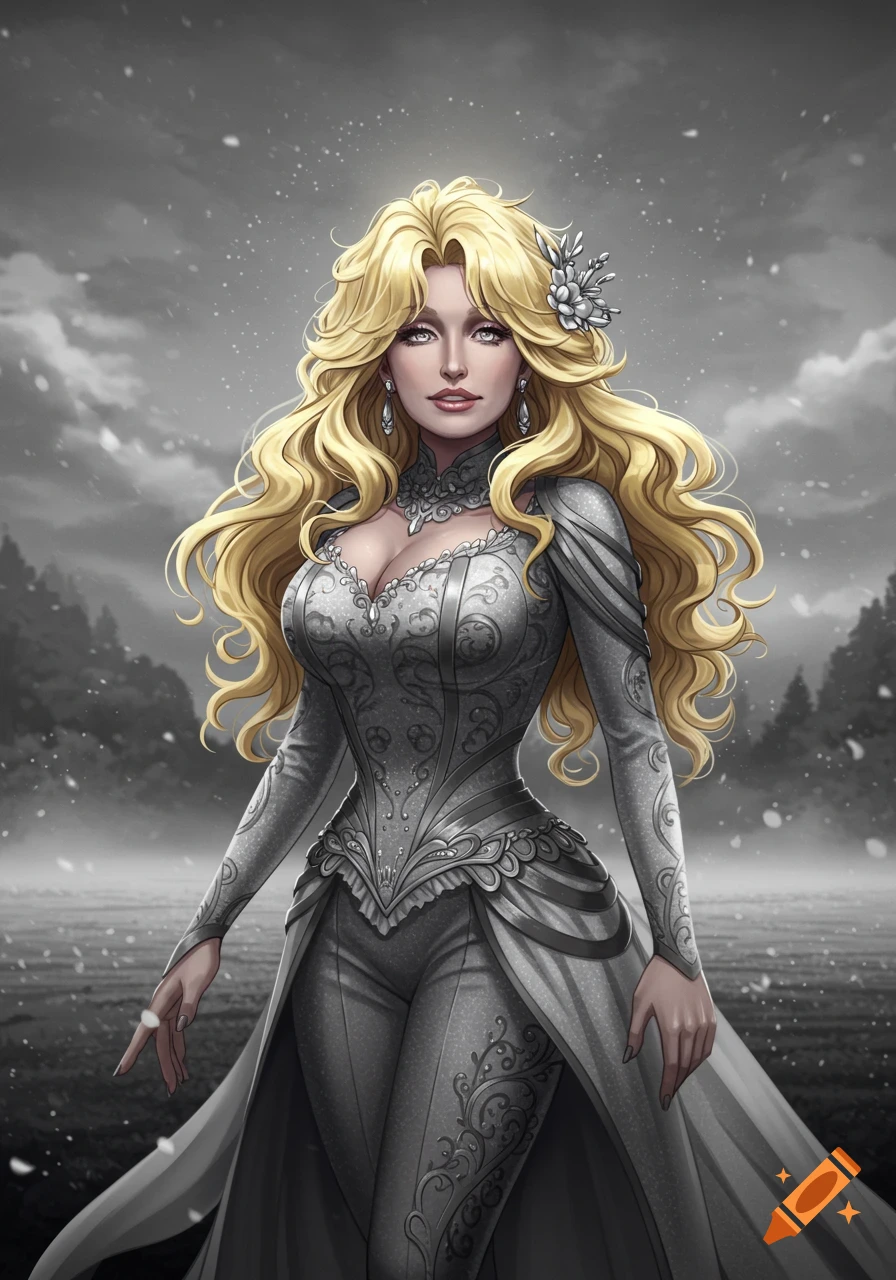 A woman with long blonde hair in an ornate silver and grey dress with a plunging neckline, standing in a snowy, grey landscape. Anime style.