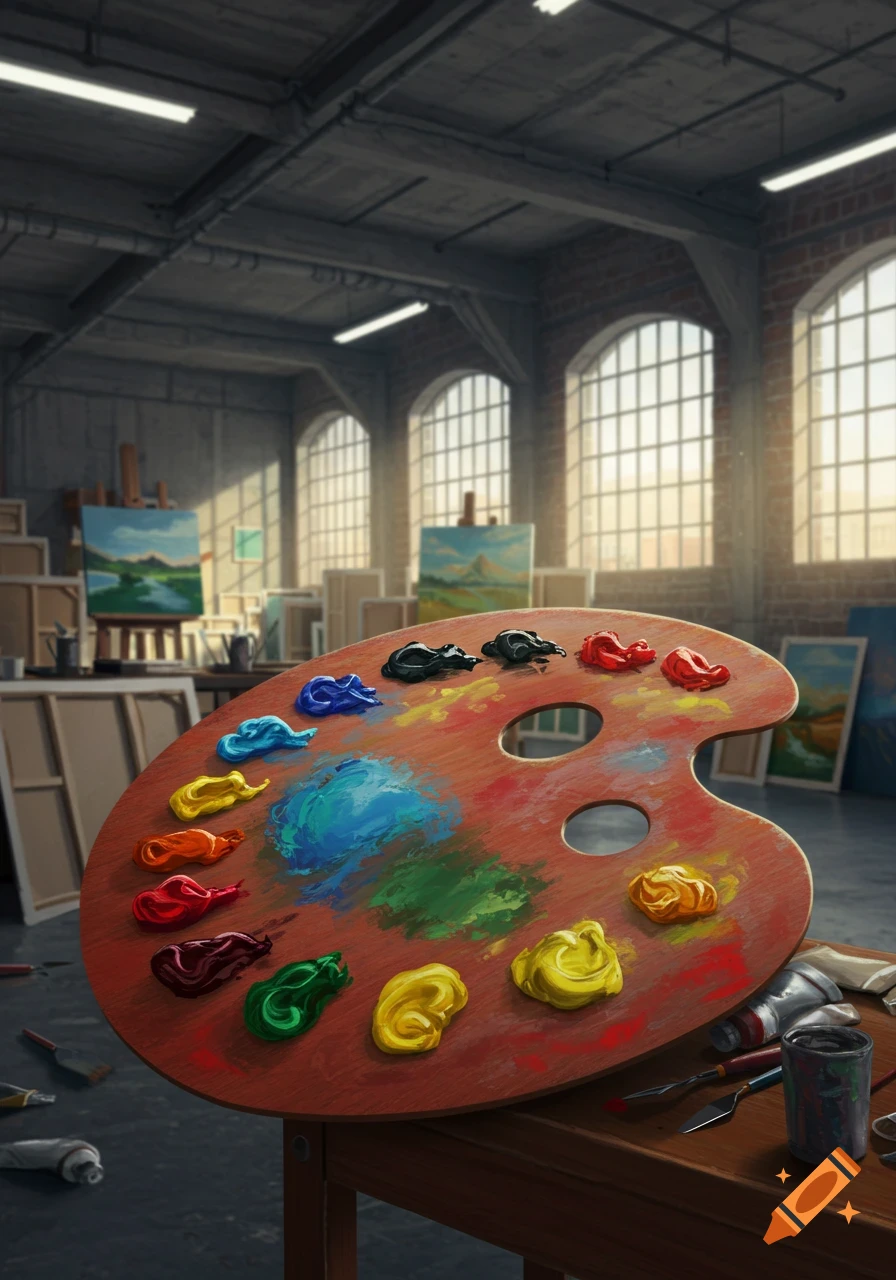 A wooden artist's palette with colorful paint blobs sits on a table in a sunlit art studio with easels and paintings.
