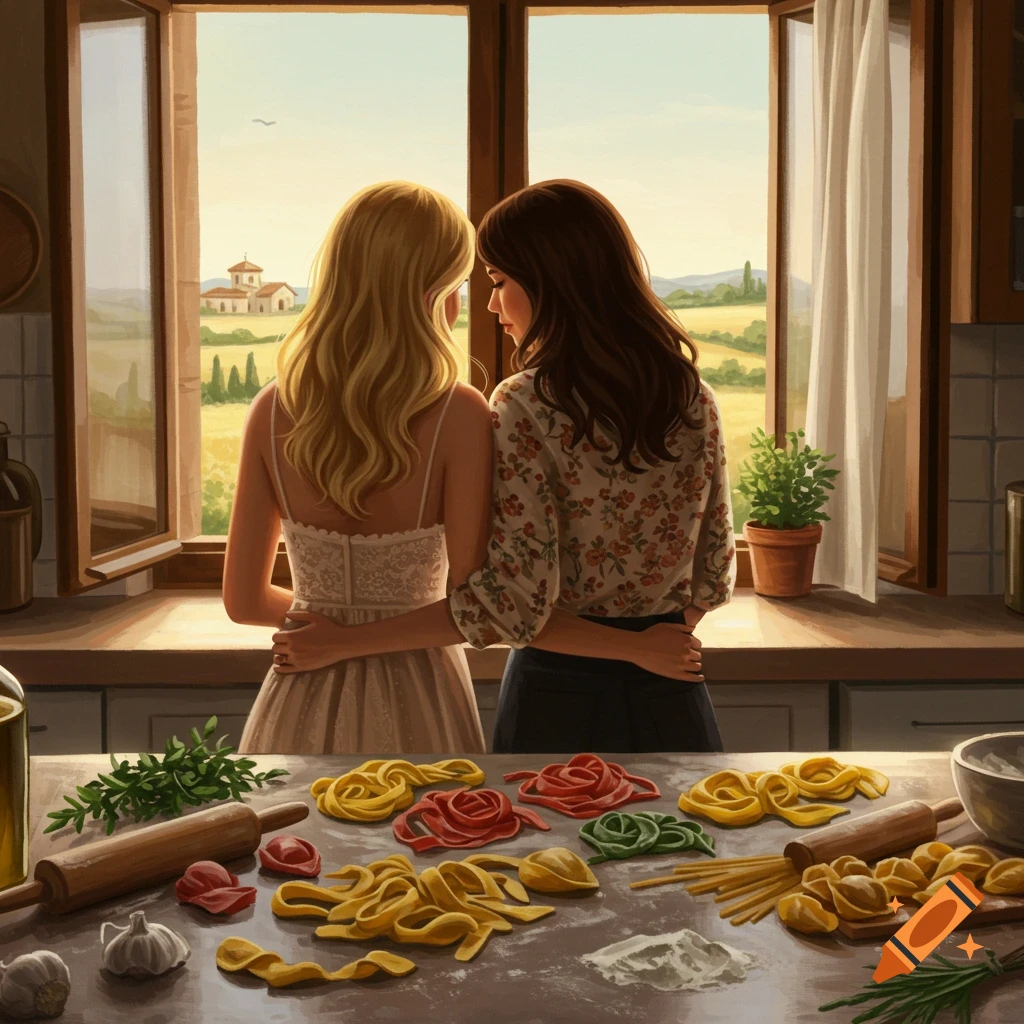 Two women embrace in a kitchen, looking out a window at a scenic Tuscan landscape, with fresh pasta ingredients on the counter. Stylized art.