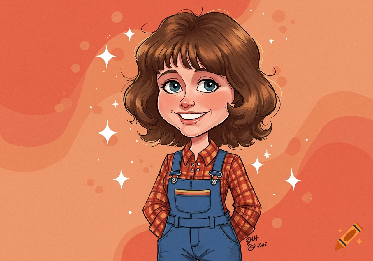 Cartoon caricature of a smiling young girl with brown hair, blue eyes, wearing a plaid shirt and blue overalls on an orange background.