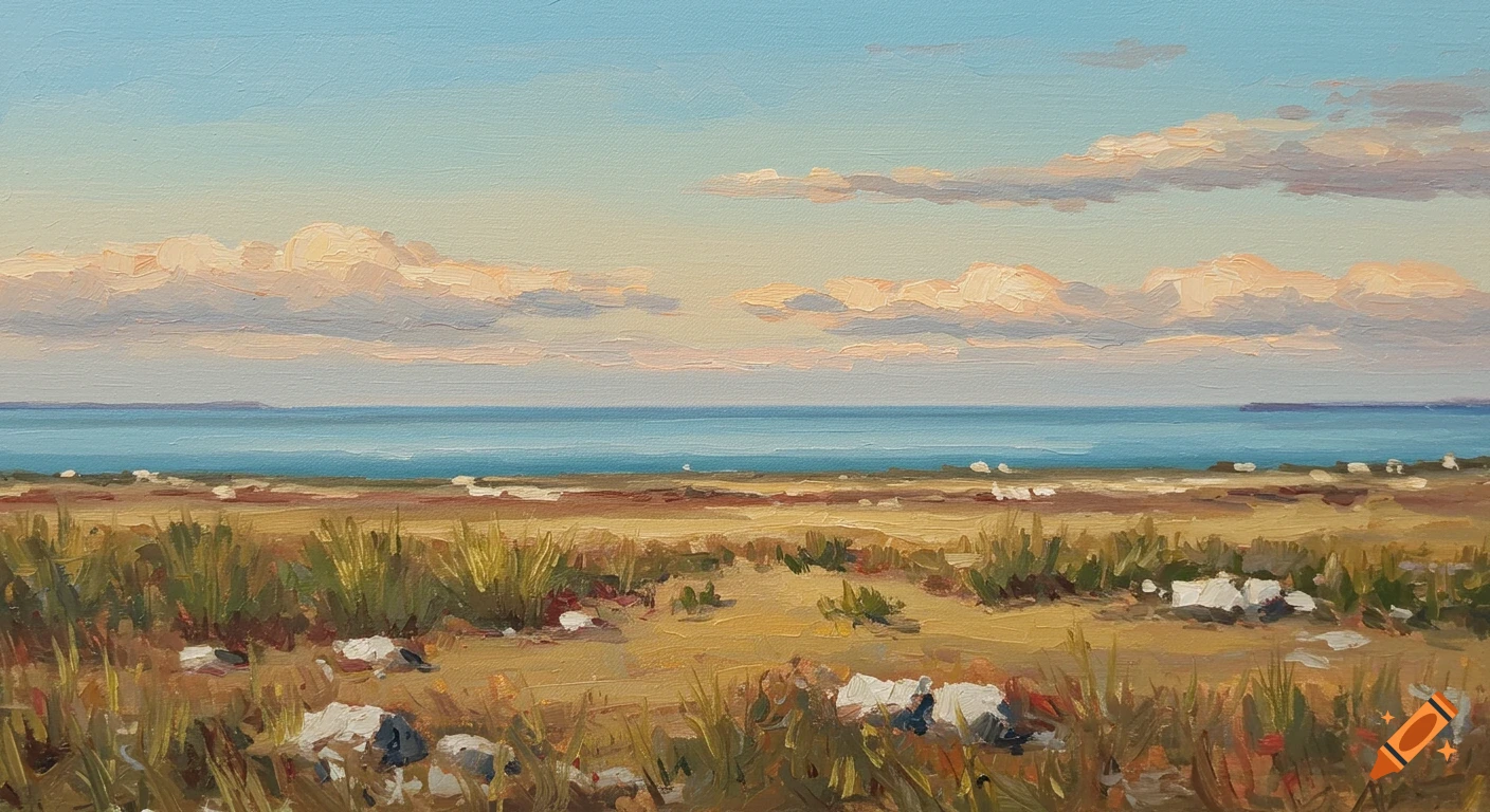 An oil painting of a dry, grassy landscape with scattered rocks, leading to a blue sea under a sky with pale yellow and orange clouds.