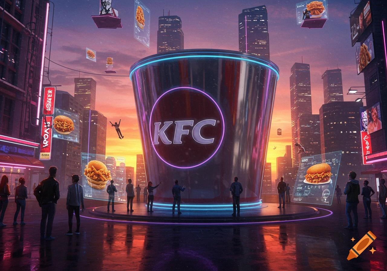 A vibrant, futuristic city at sunset with a gigantic, glowing KFC bucket at its center. Holographic advertisements for KFC chicken sandwiches float around skyscrapers, as people gather below.