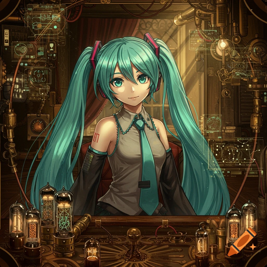 Anime character Hatsune Miku with teal pigtails in a detailed steampunk laboratory filled with gears and gauges.