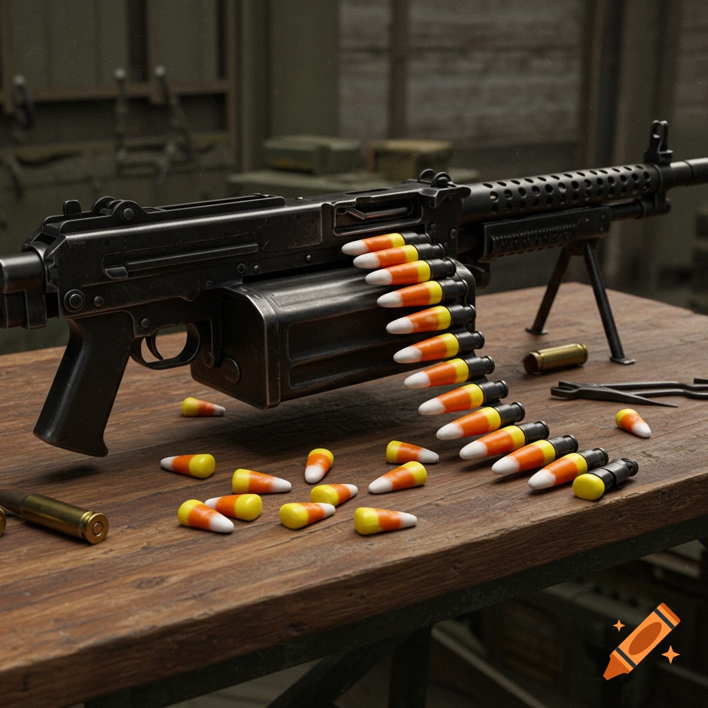 A photorealistic M60 machine gun loaded with candy corn bullets sits on a wooden table.