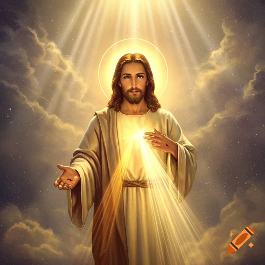 A glowing Jesus with an aureole, hands open in blessing, against a luminous sky with clouds and light rays.