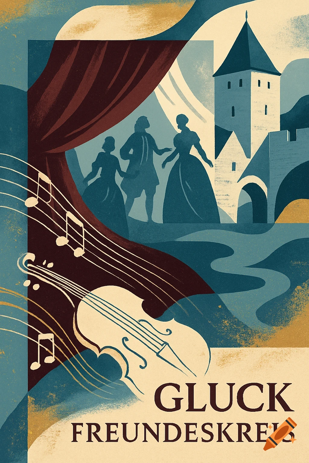 Stylized poster art with silhouettes of people in baroque clothing, a castle, musical notes, a violin, and text "GLUCK FREUNDESKREIS".