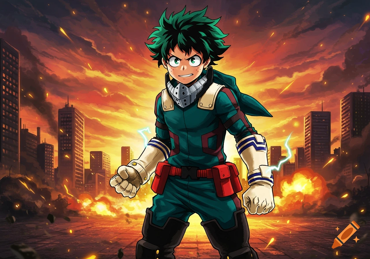 Anime superhero Izuku Midoriya stands defiantly amidst explosions and burning city buildings, rendered in a dynamic action style.