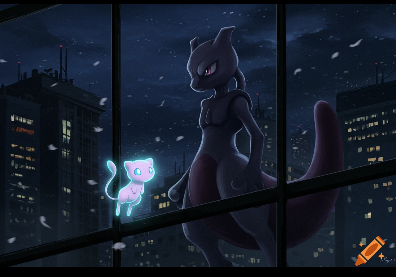 Mewtwo and Mew look out a window at a dark, snowy city at night, in a digital art style.