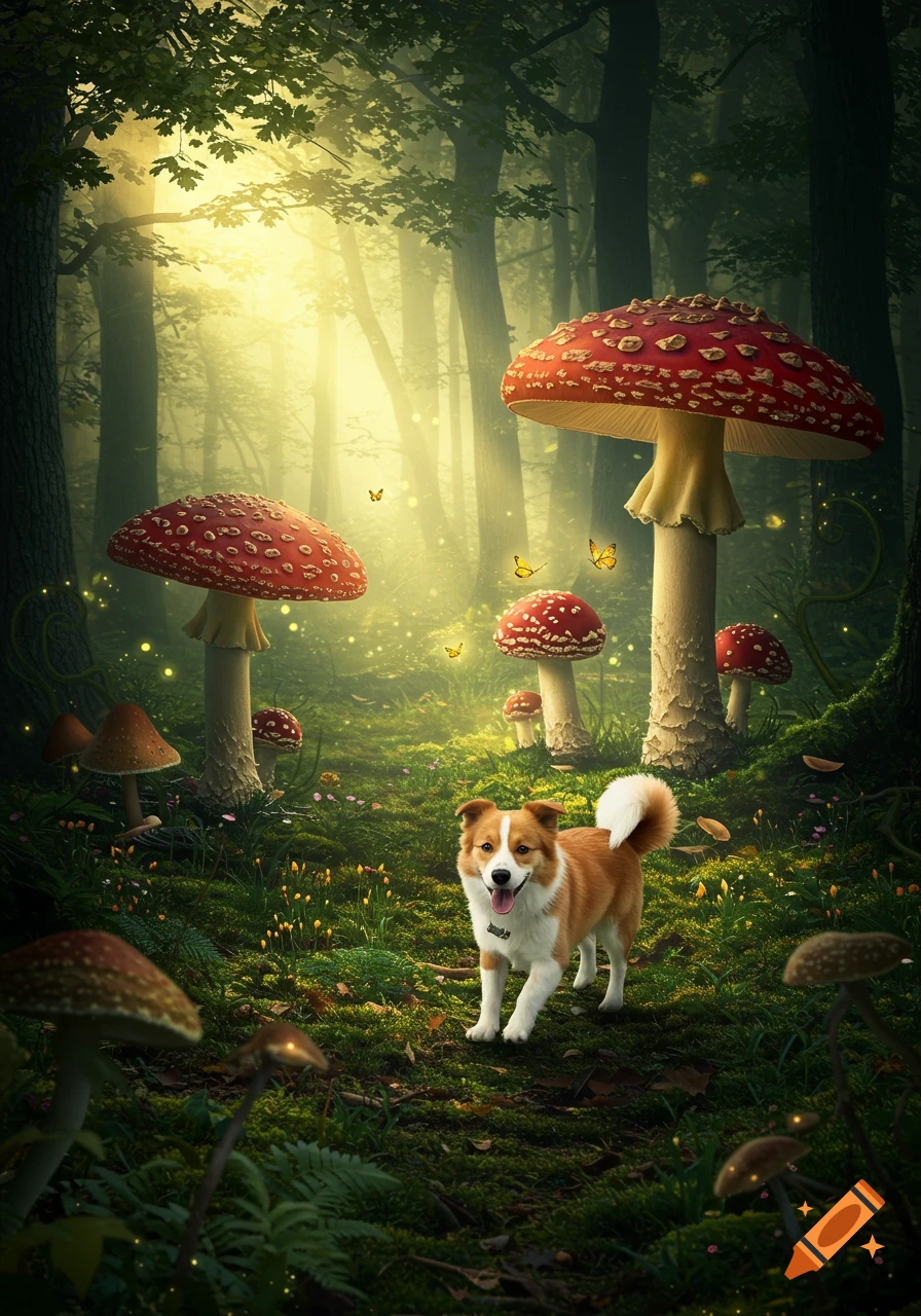 A happy dog with brown and white fur walks through a magical fairytale forest with large red and white toadstools, butterflies, and glowing light particles.