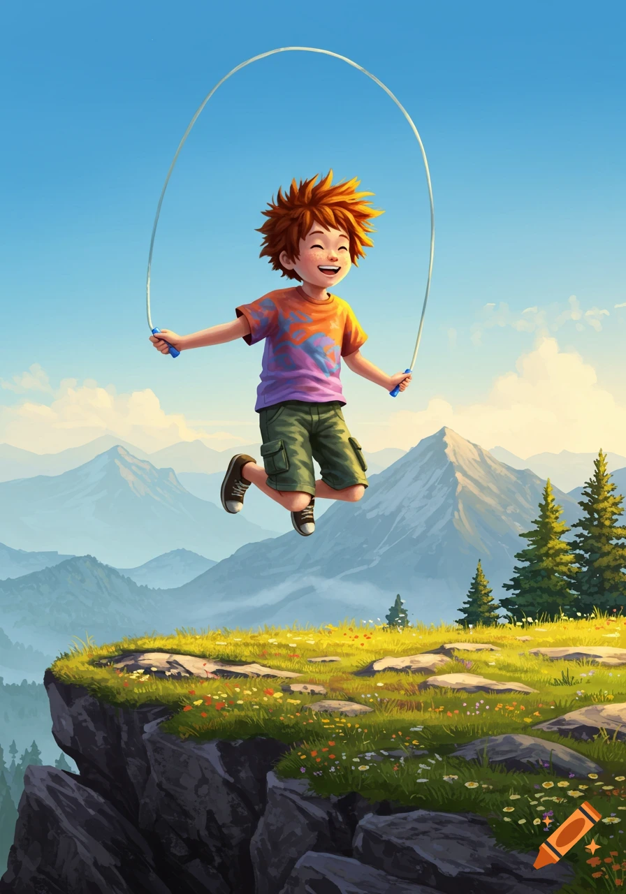 A happy red-haired boy jumps rope high above a grassy mountain cliff with blue skies and distant peaks, cartoon style.