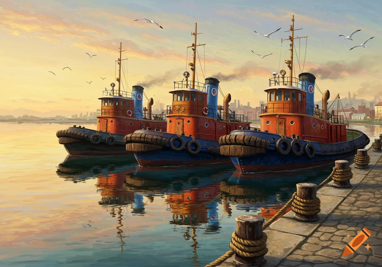 Three red and blue tugboats are docked side-by-side in a tranquil harbor at sunset, with a city skyline in the background, painted in a picturesque style.
