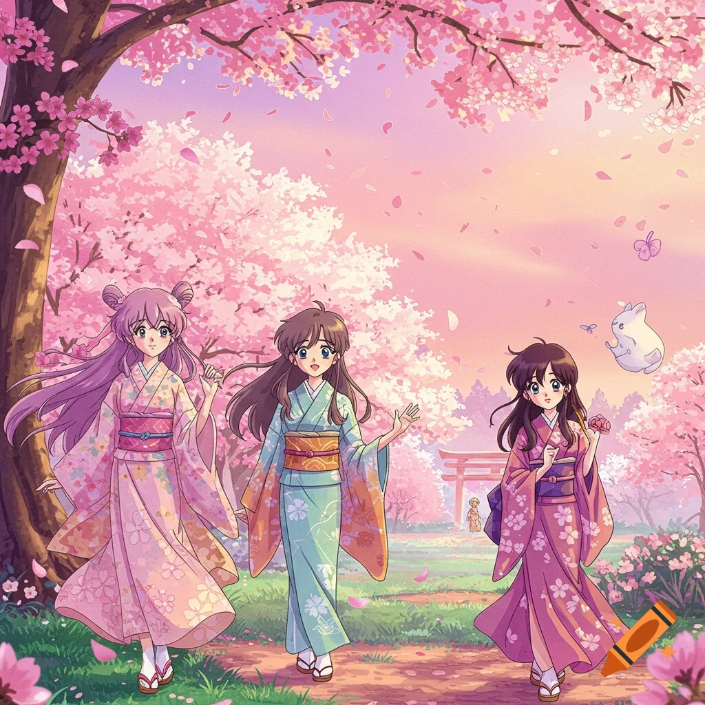 Three anime women in kimonos walk under pink cherry blossom trees, with a torii gate and floating creature in the background.