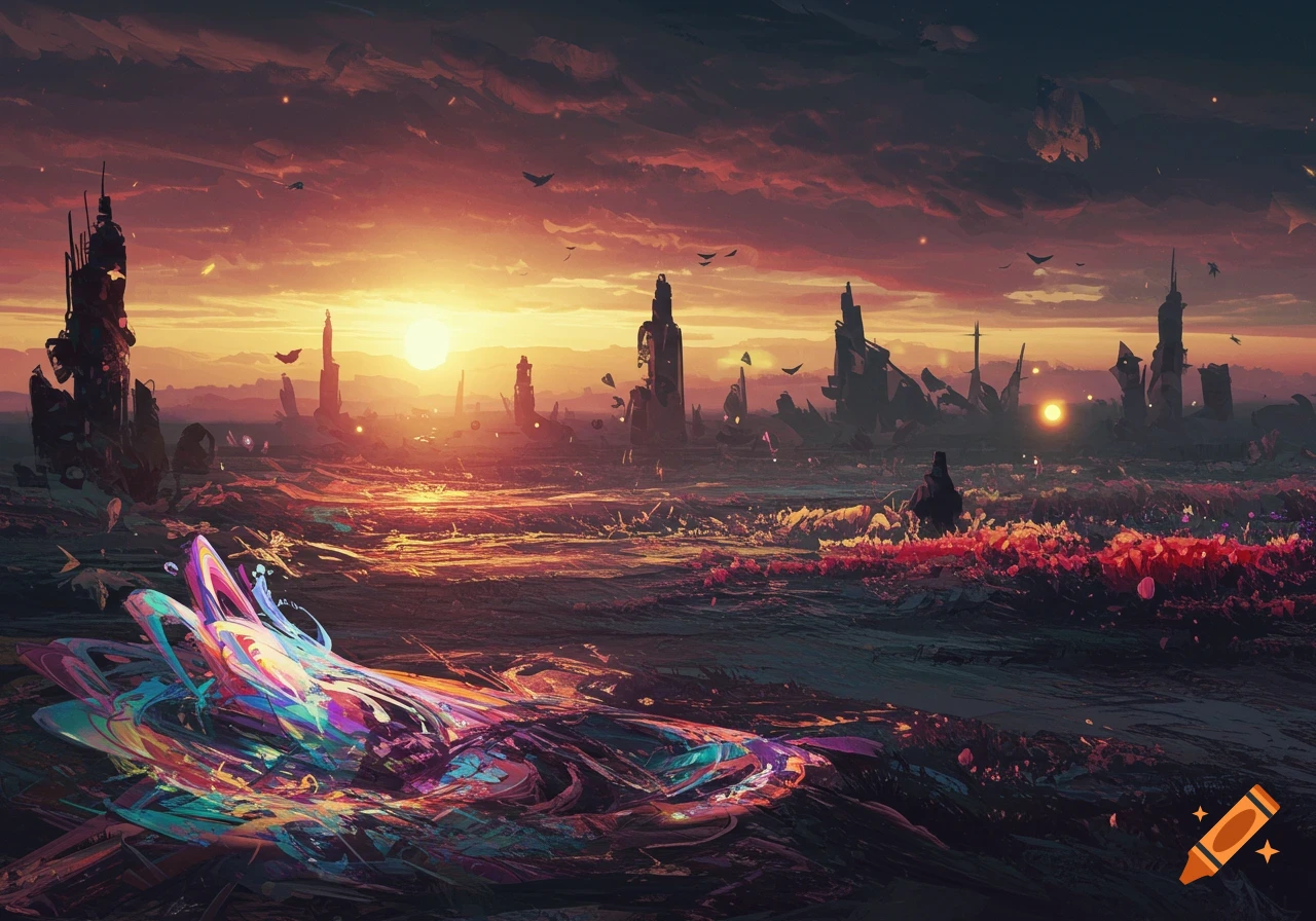 A vibrant sunset over a surreal landscape with abstract colorful swirling forms in the foreground and dark, futuristic structures in the distance.