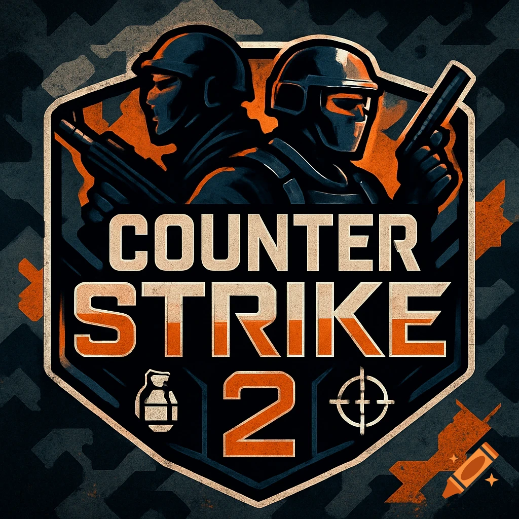 Stylized graphic logo for Counter Strike 2 featuring two silhouetted soldiers, weapons, a grenade, and a target reticle.
