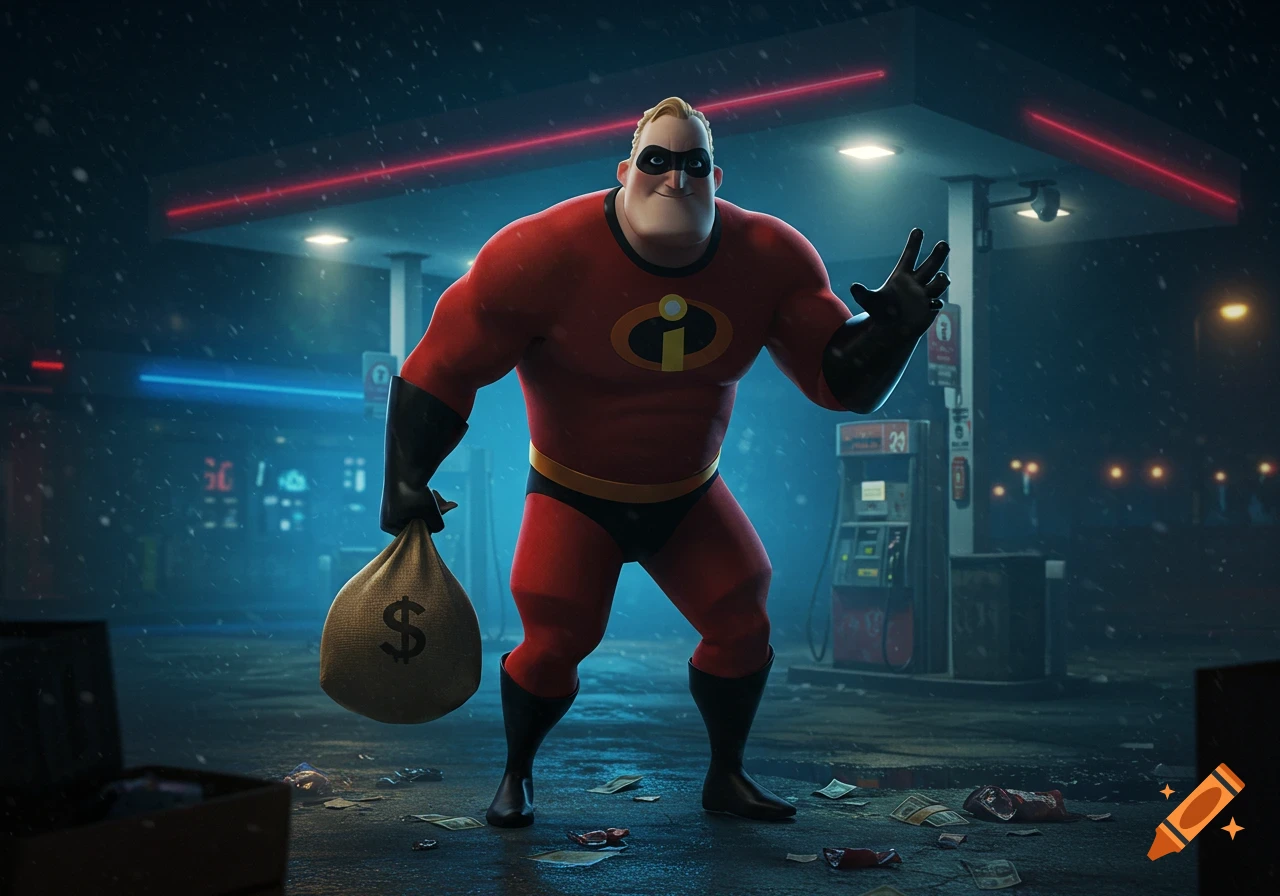 Mr. Incredible, a muscular superhero in a red suit, holds a money bag with a dollar sign, standing in a wet, dark gas station with scattered cash.