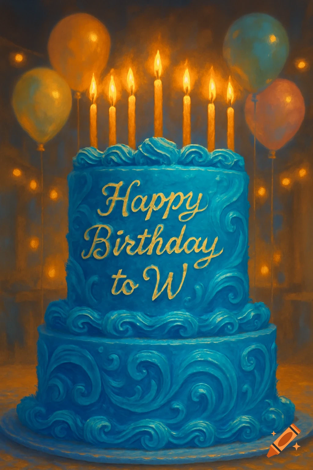 A blue two-tier birthday cake with gold 'Happy Birthday to W' text, six lit candles, and colorful balloons in a warm, dimly lit setting.