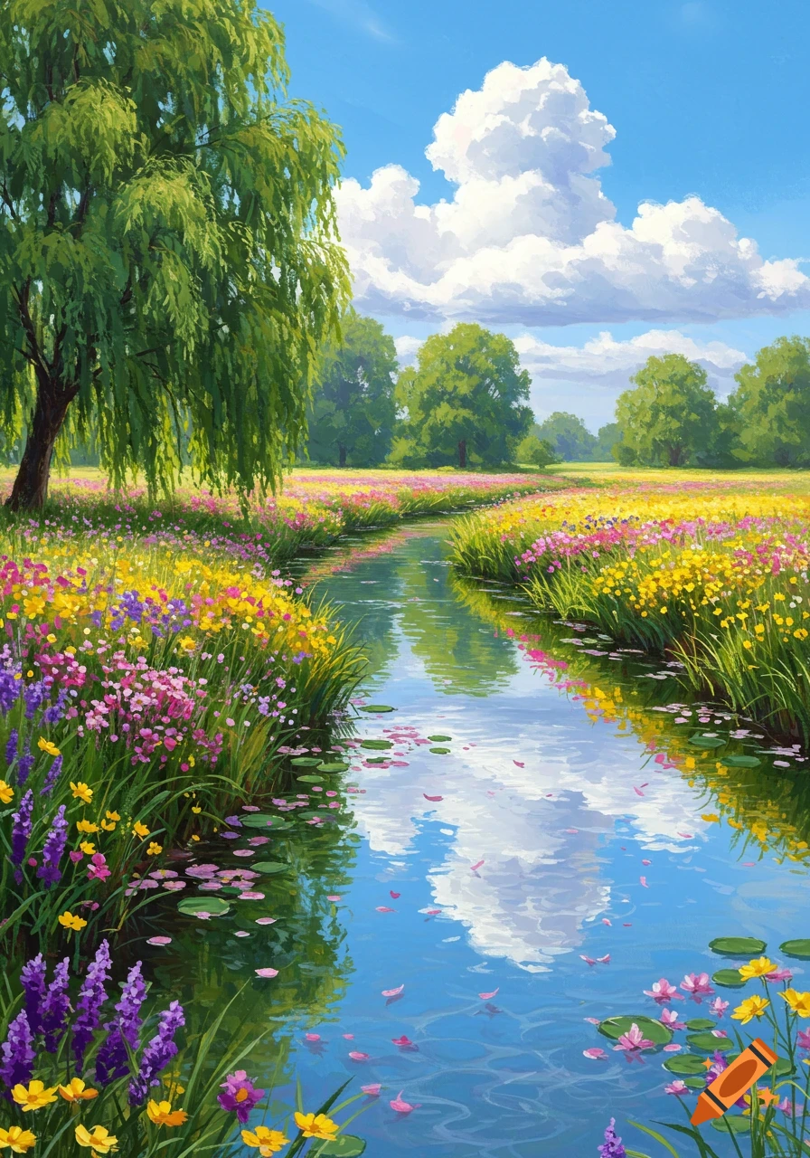 A vibrant painterly landscape features a winding river flowing through meadows bursting with colorful wildflowers, under a blue sky with clouds.