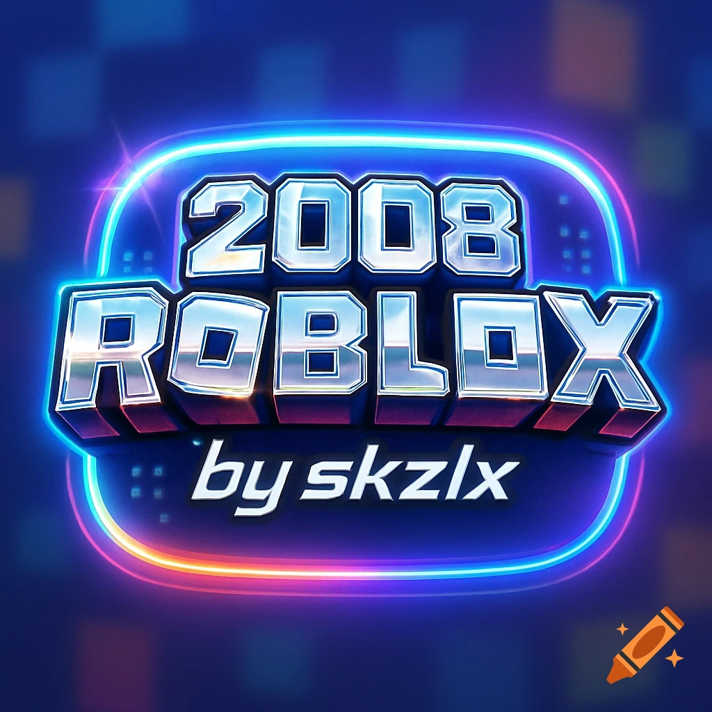A blue and pink neon-outlined logo with metallic silver text saying '2008 ROBLOX by skzlx' on a dark, pixelated background.