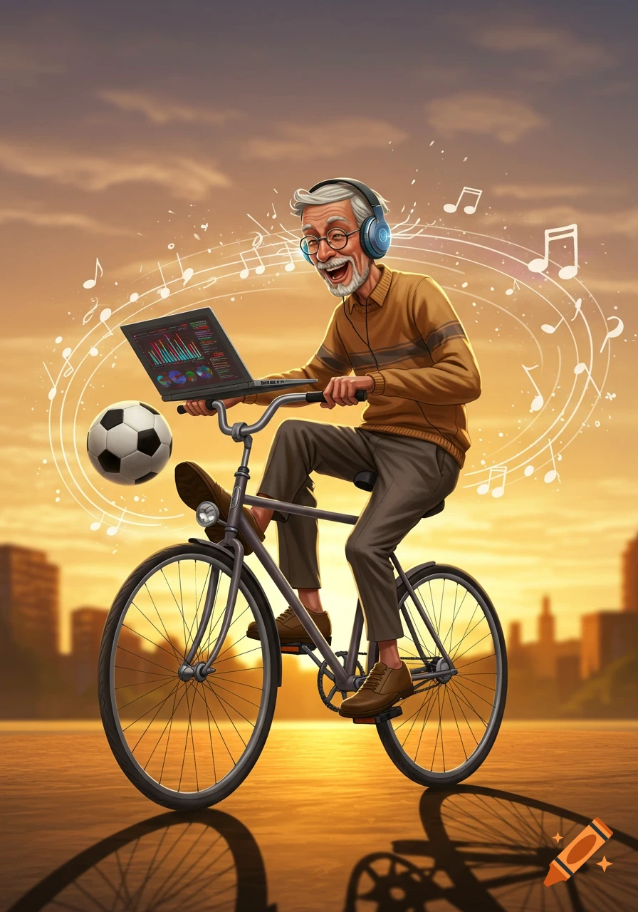 A joyful cartoon old man on a bicycle, wearing headphones and looking at a laptop, with a soccer ball and musical notes floating around him under a sunset sky.