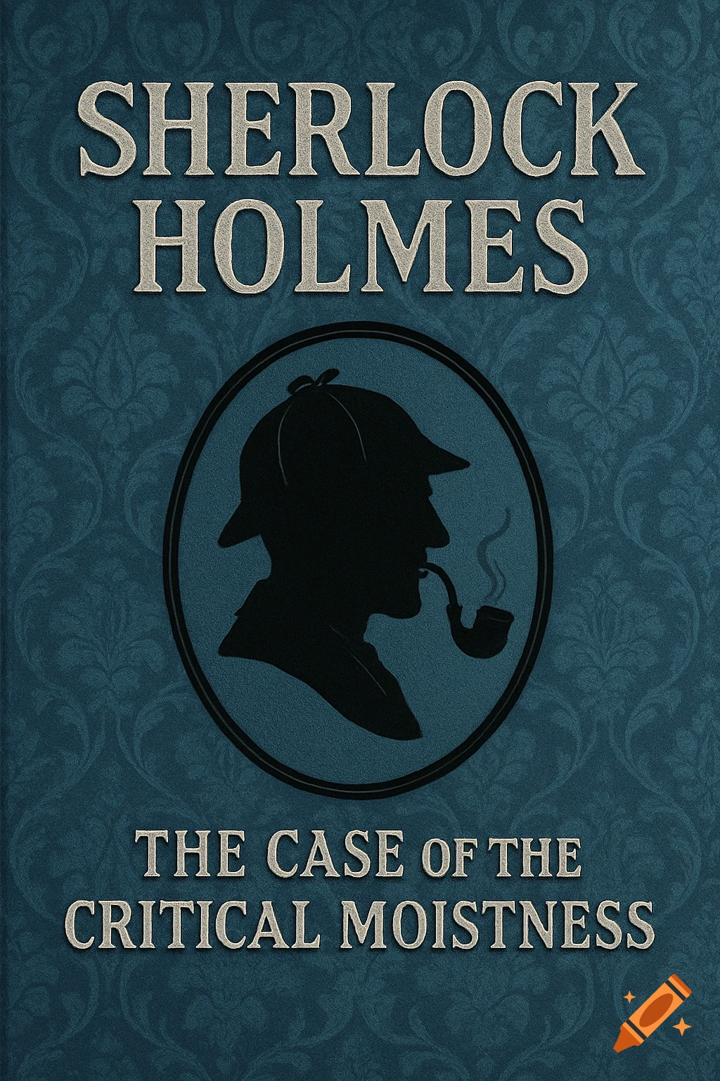 A vintage blue book cover for 'Sherlock Holmes: The Case of the Critical Moistness' with a silhouette of Holmes smoking a pipe.