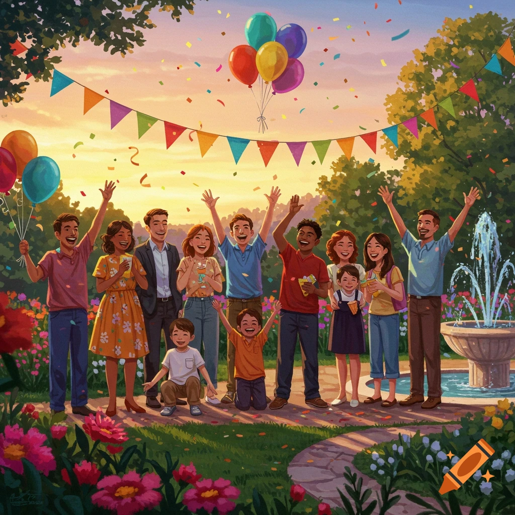 A diverse group of people celebrating joyfully in a park at sunset, surrounded by balloons, confetti, flowers, and a fountain.