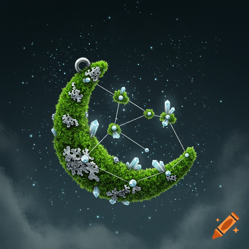 A moss-covered crescent moon pendant adorned with crystals and lichens, resembling a star constellation in a starry night sky.