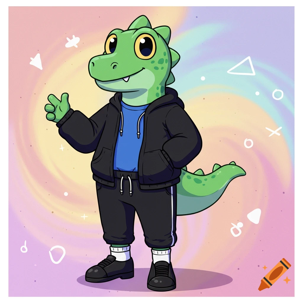 A friendly green cartoon dinosaur in a black hoodie, blue t-shirt, black sweatpants, white socks, and black shoes, on a pastel swirl background.