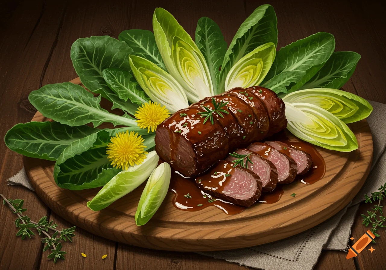 Braised meat, likely bison, sliced and sauced, garnished with green leaves and yellow flowers on a wooden board.
