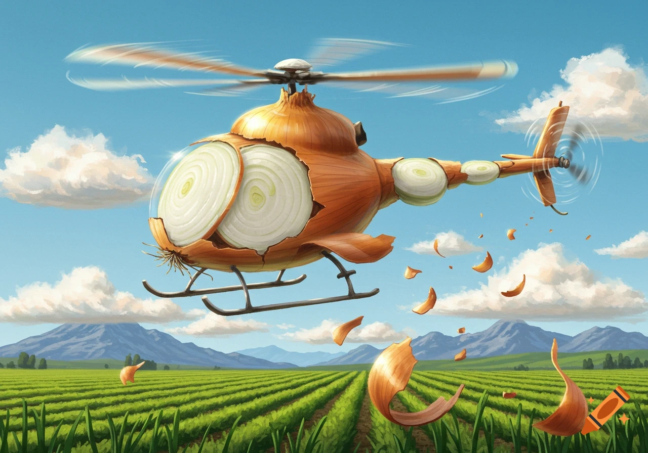 A whimsical helicopter made from an onion flies over a green field, shedding onion peels, with mountains in the background.