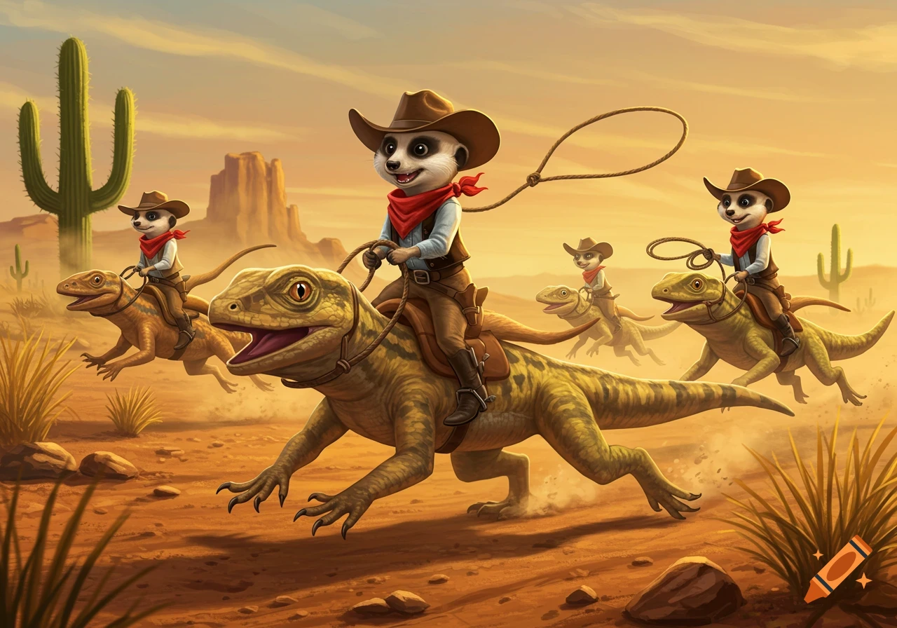 Illustrative cowboy meerkats riding lizards across a dusty desert landscape with cacti and mesas under a warm sky.