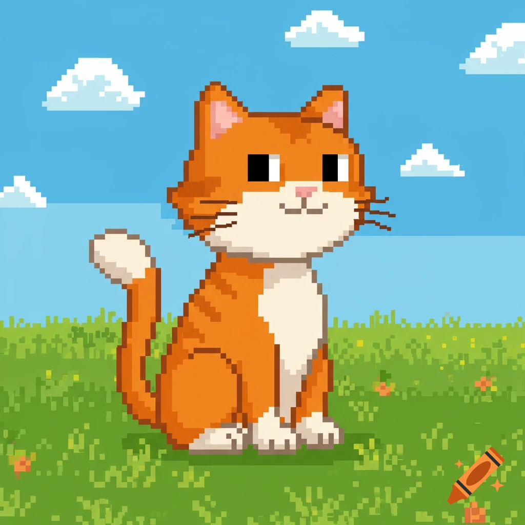 A pixel art orange tabby cat sits in a green grassy field under a blue sky with pixelated clouds.