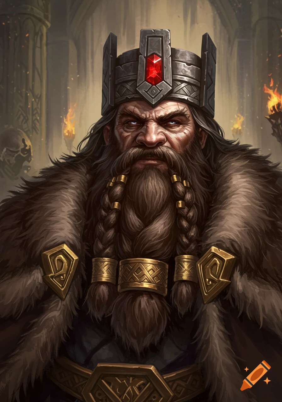 A close-up portrait of a stern fantasy dwarf king with a braided beard, fur cloak, and a stone crown with a red gem, in a dimly lit hall.