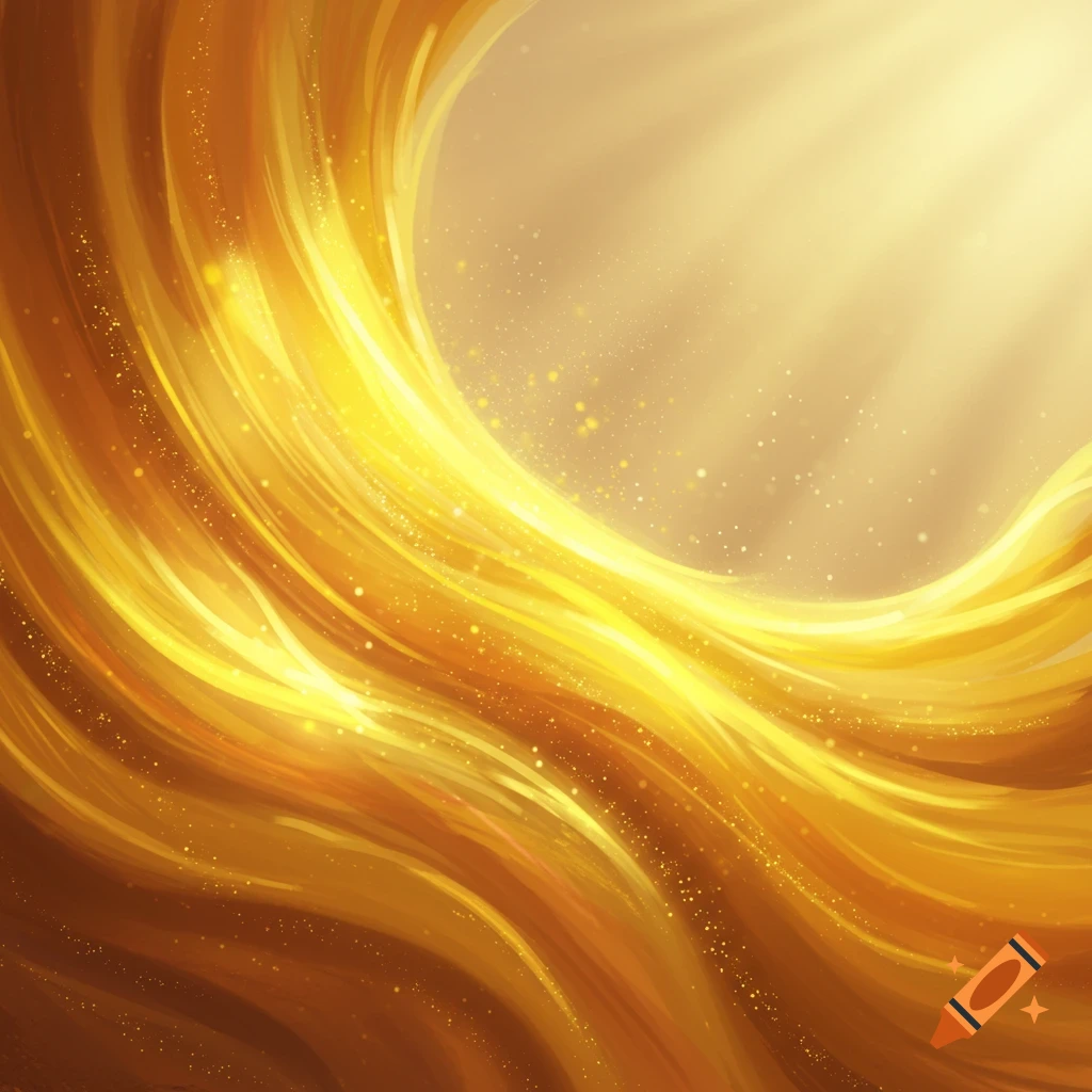 Abstract golden-yellow wavy lines with sparkling particles and bright light from the top right.