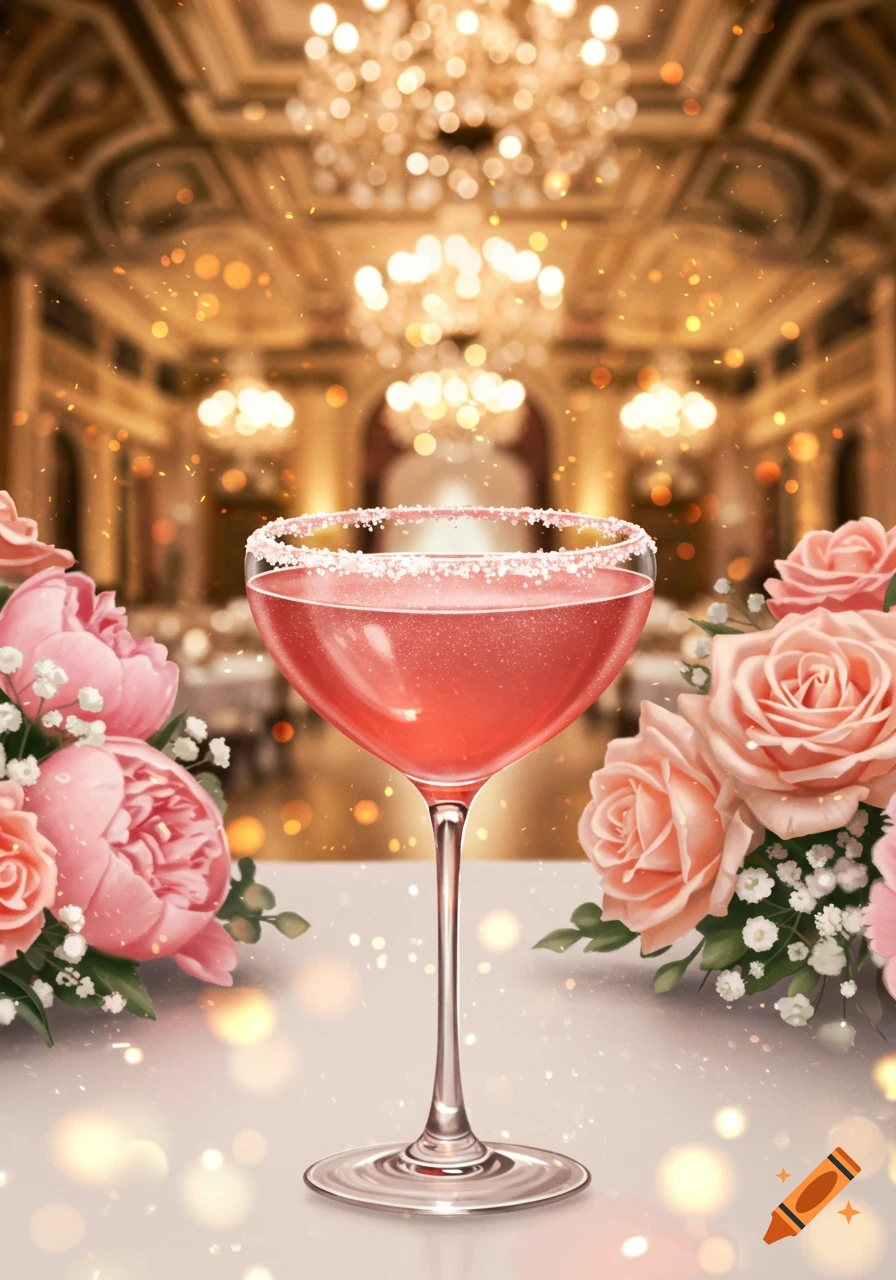 Pink cocktail with sugared rim and flowers, set in an elegant, sparkling ballroom with chandeliers.