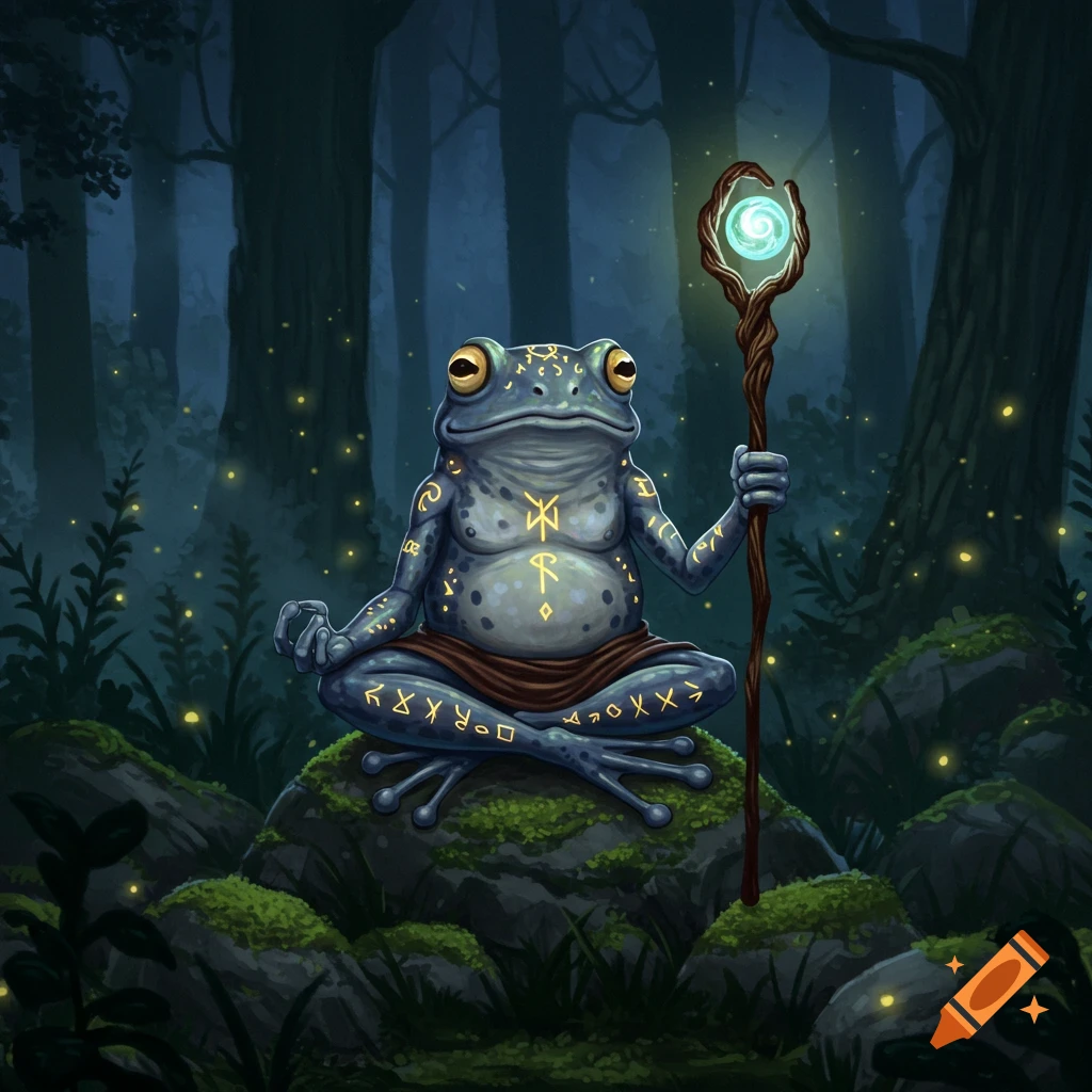A blue-grey frog sorcerer with glowing runes sits cross-legged on a mossy rock, holding a magical staff in a dark forest. Illustrated fantasy art.