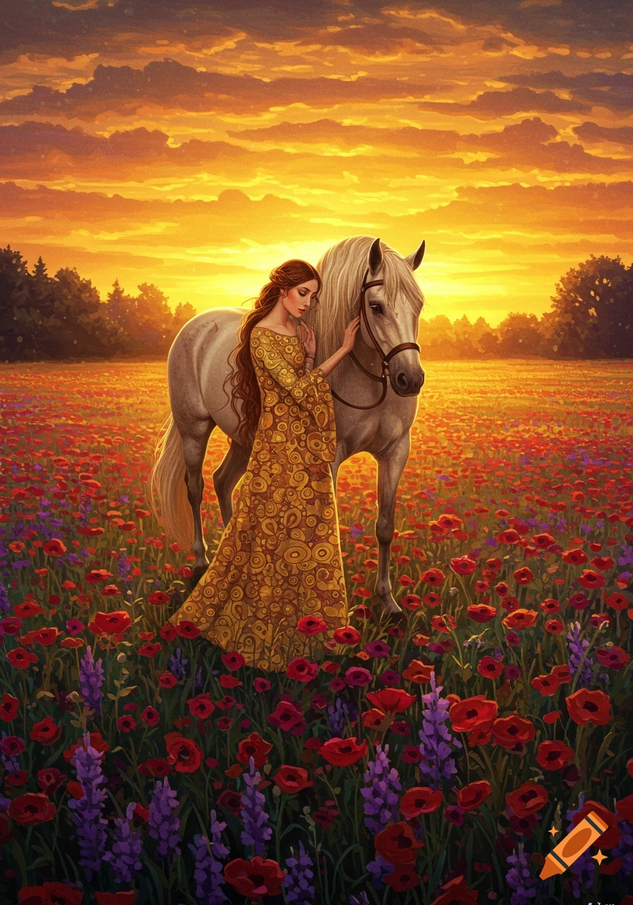Art nouveau painting of a woman in a gold dress with a white horse in a flower meadow at sunset.