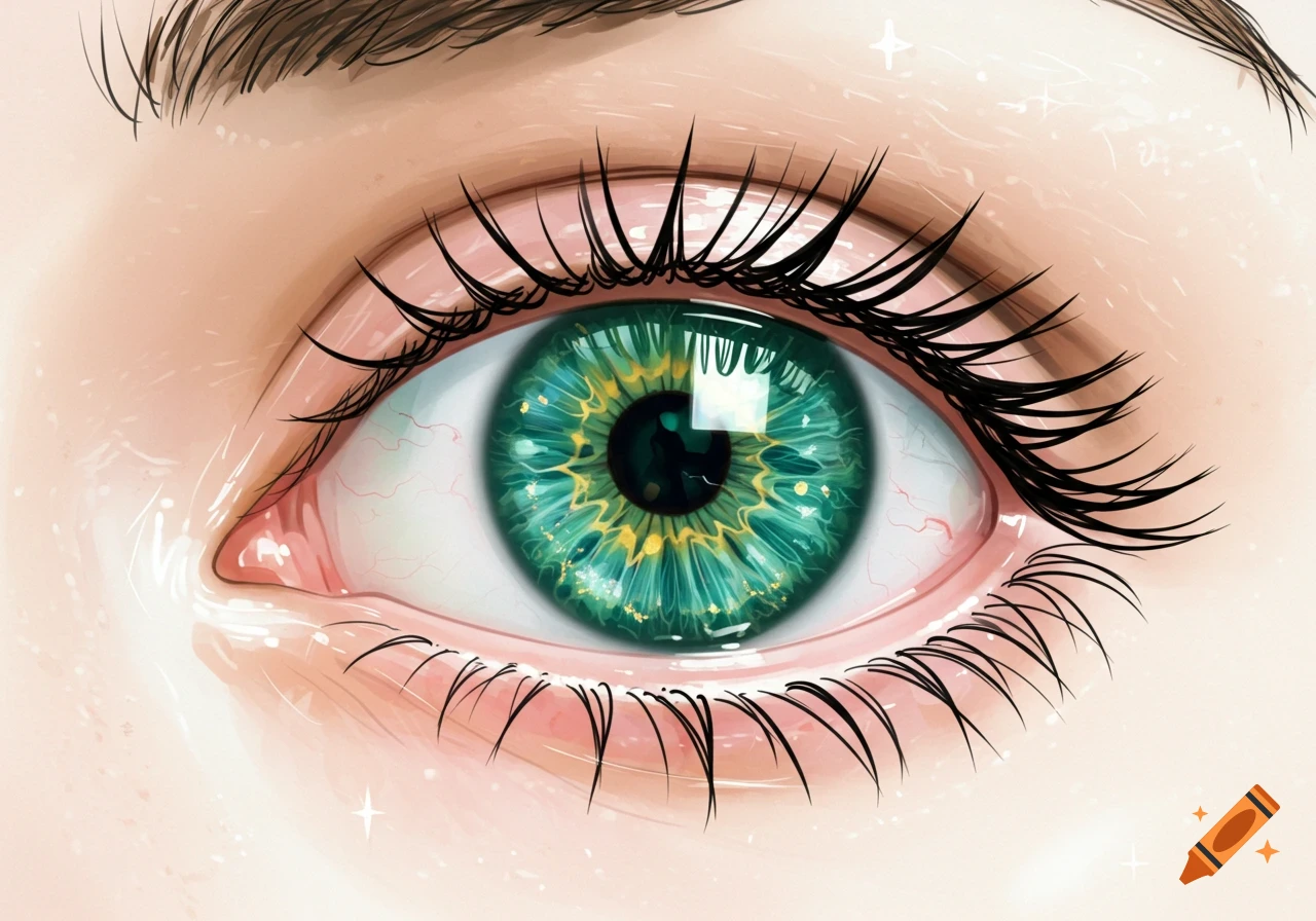 Close-up of a stylized eye with a vibrant green and gold iris, long dark eyelashes, and subtle reflections.