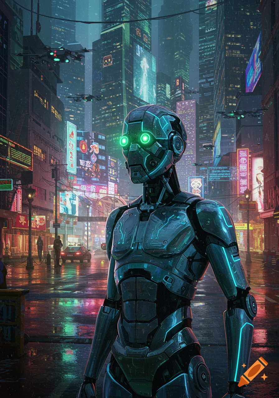 A metallic robot with glowing green eyes stands in a vibrant, rainy cyberpunk city street filled with neon signs and futuristic vehicles.