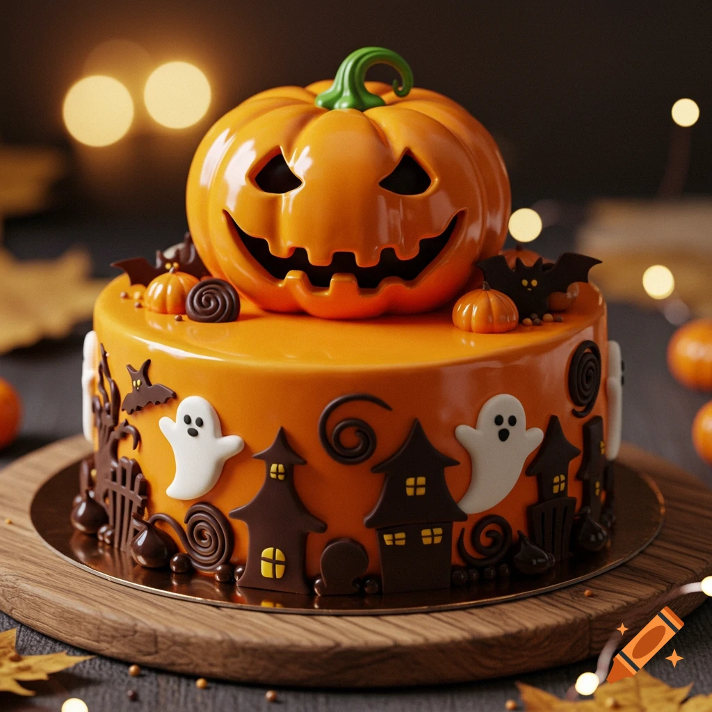 A two-tiered Halloween cake with a jack-o'-lantern on top, decorated with ghosts, bats, and haunted houses on a wooden board.