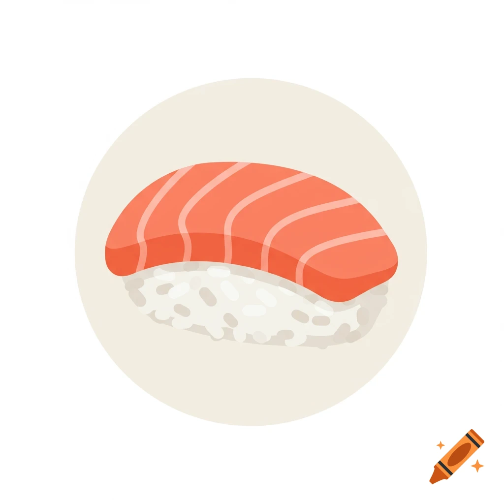 A flat cartoon illustration of a salmon sushi nigiri with white rice and a slice of pink salmon on a light circle.